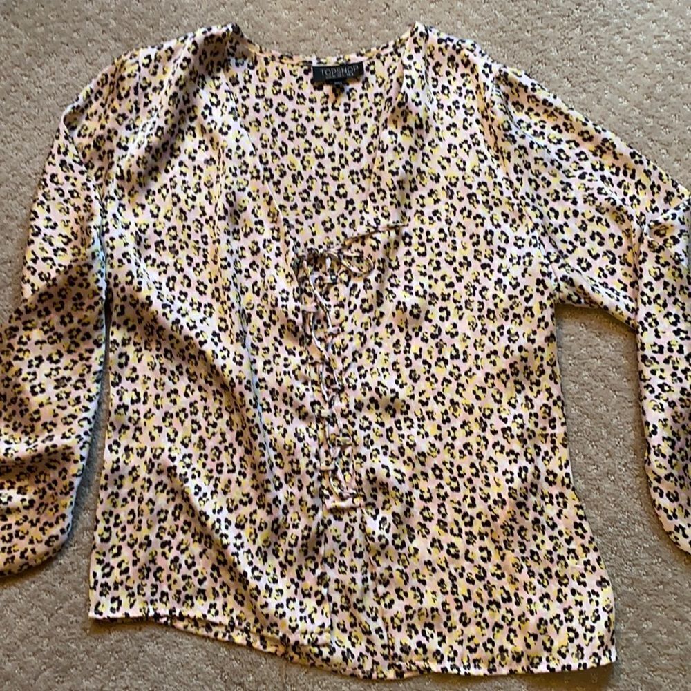 Topshop Leopard Lace‑Up Long Sleeve Blouse – Size 4